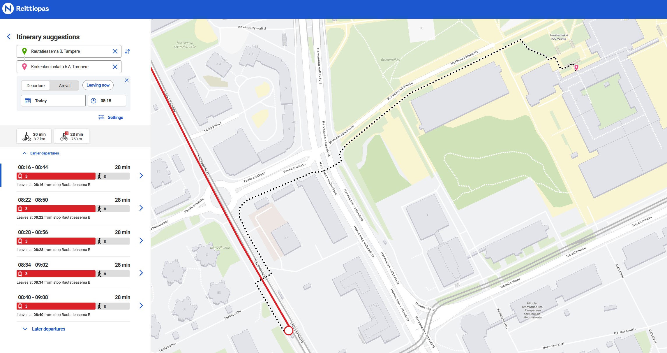Map with tram stop "Hervanta kampus" and walk to Korkeakoulunkatu 6 main door.