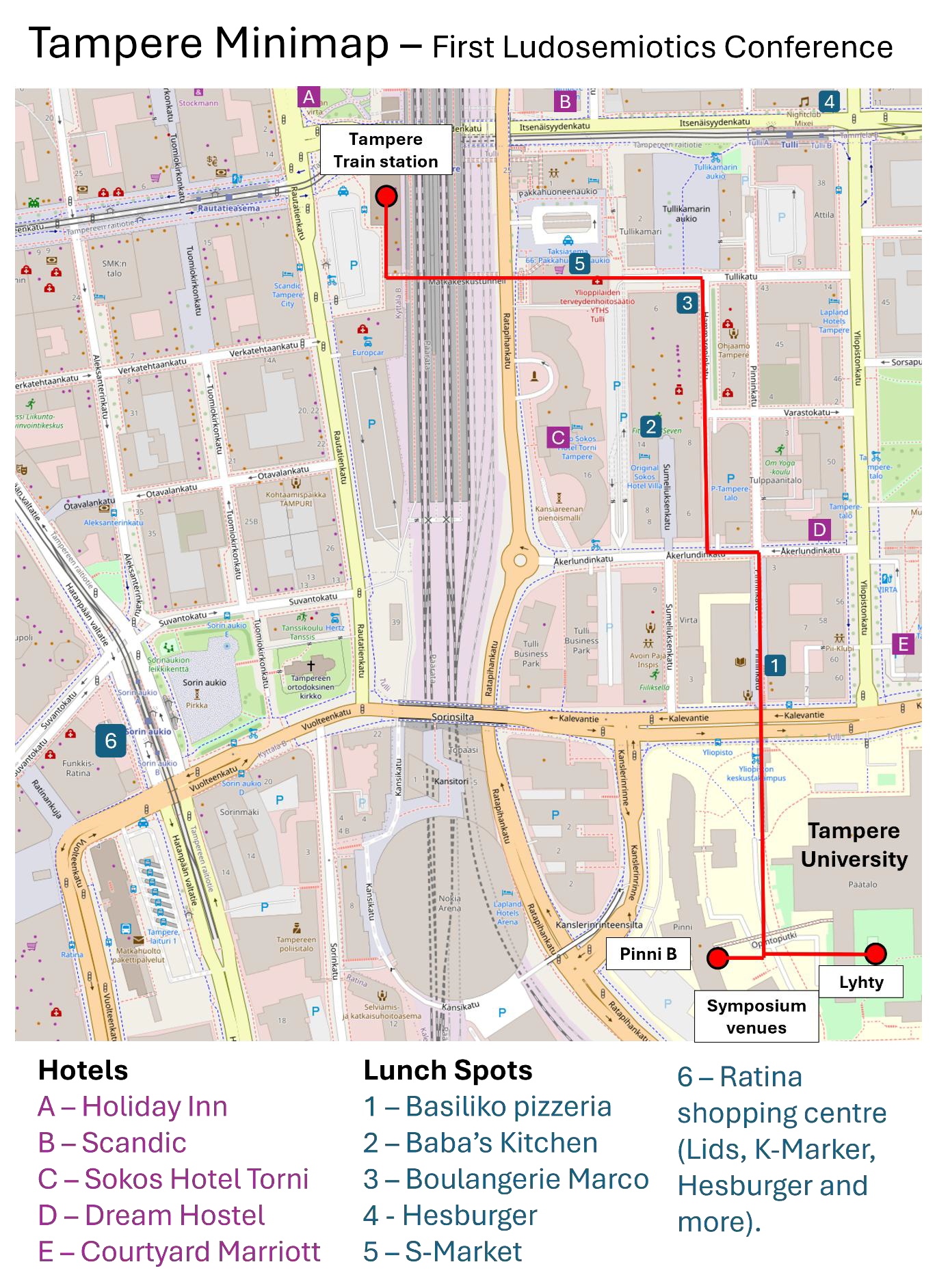 Mimimap of tampere with relevant information about the conference. The same information is available in writing on the attached file.