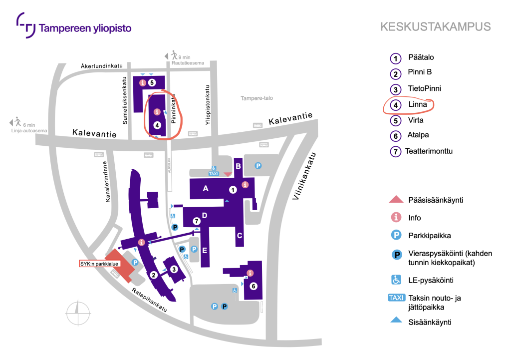 Keskustakampuksen kartta, jonne Linna-rakennus merkittynä. 