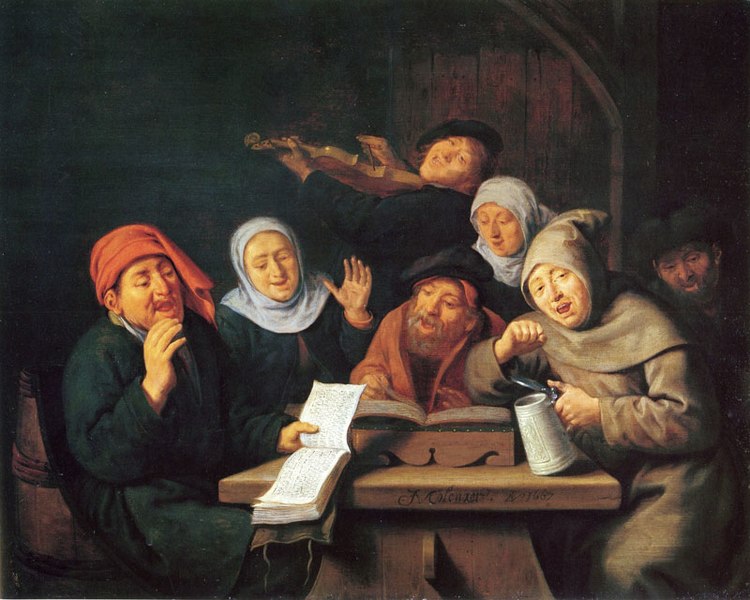Early modern painting of drinkers gathered around a table, singing and playing.