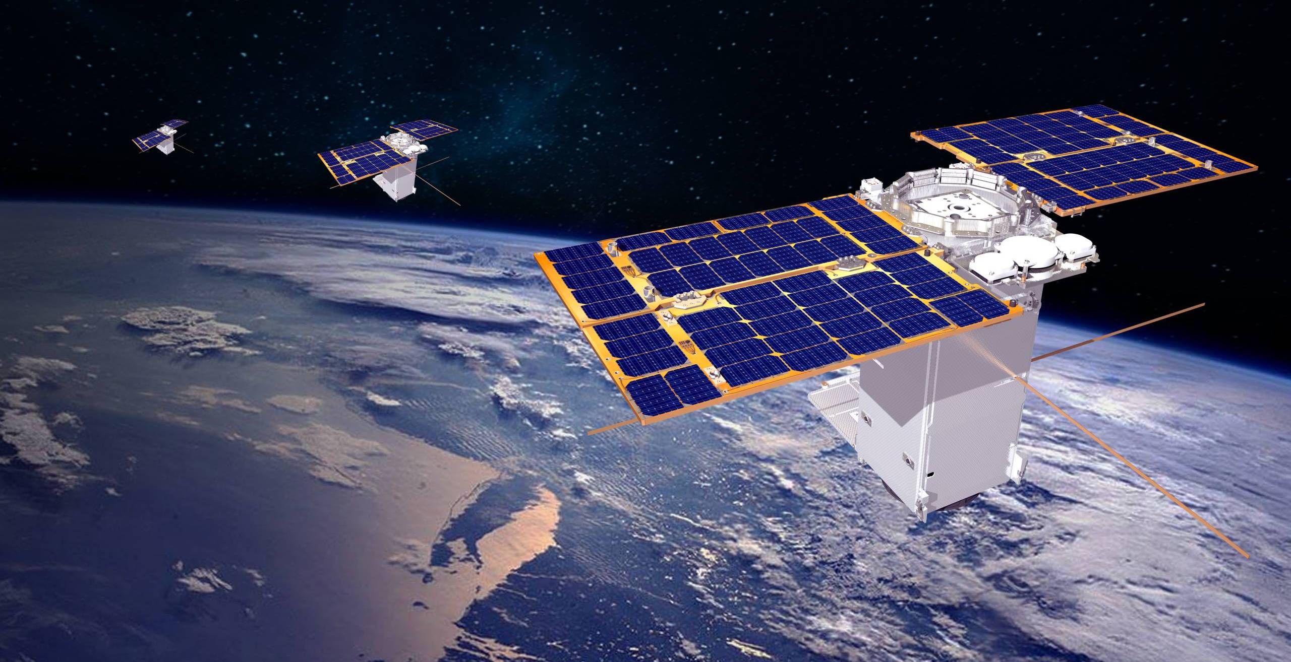 Picture of two satellites in space and the earth on the background.