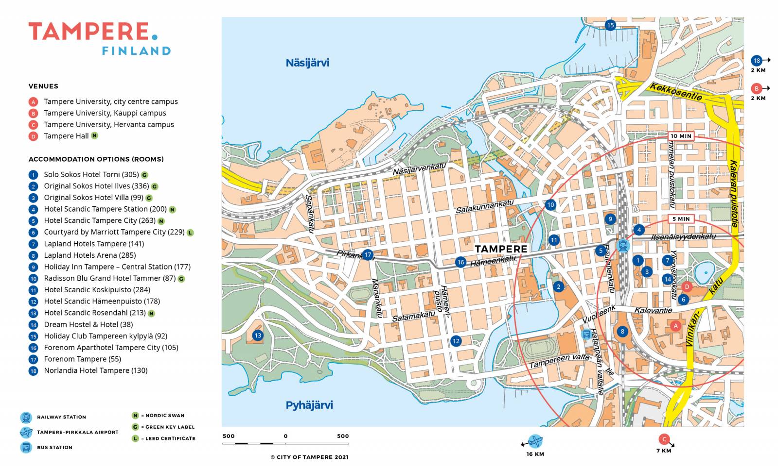 Kuva Tampereen kartasta, johon ovat merkittynä alueen eri hotellit