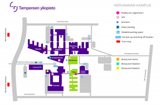 Hervanta campus map, where you can see the buildings, tram stops and restaurants.